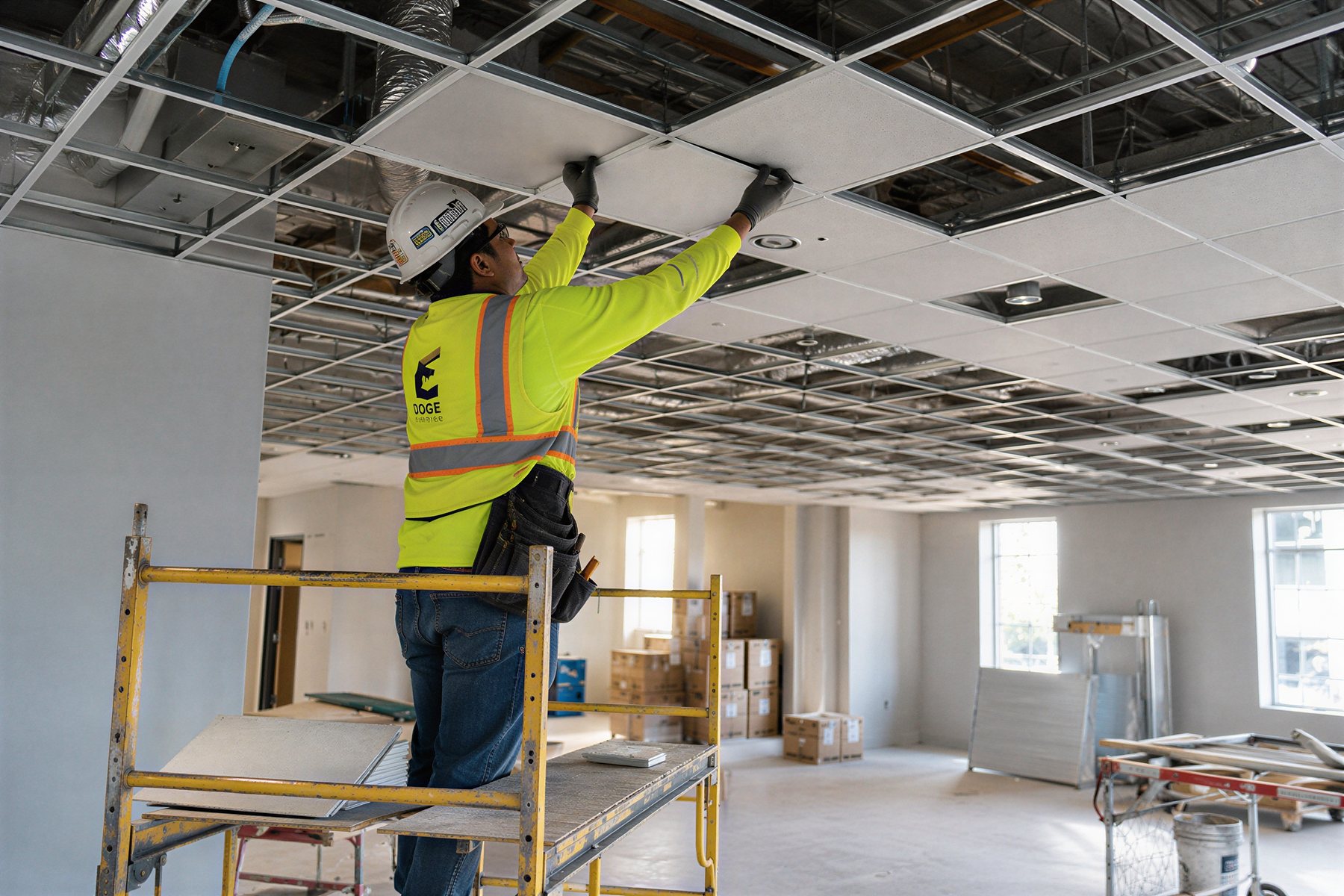 Installer setting an acoustical ceiling tile into suspended grid from a rolling scaffold